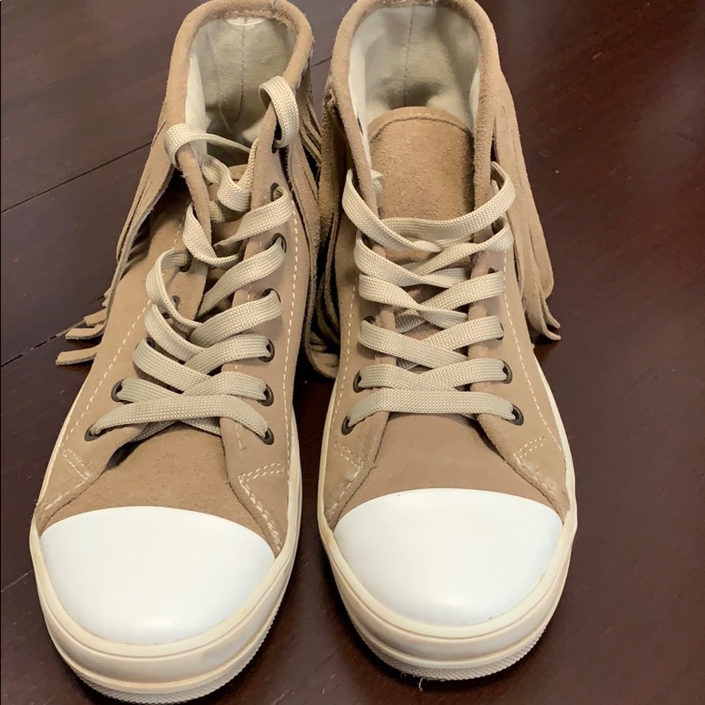 Tan suede fringe sneakers